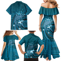 Samoa Tatau Marlin Family Matching Mermaid Dress and Hawaiian Shirt With Siapo Motifs Teal