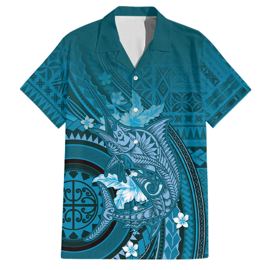 Samoa Tatau Marlin Family Matching Mermaid Dress and Hawaiian Shirt With Siapo Motifs Teal