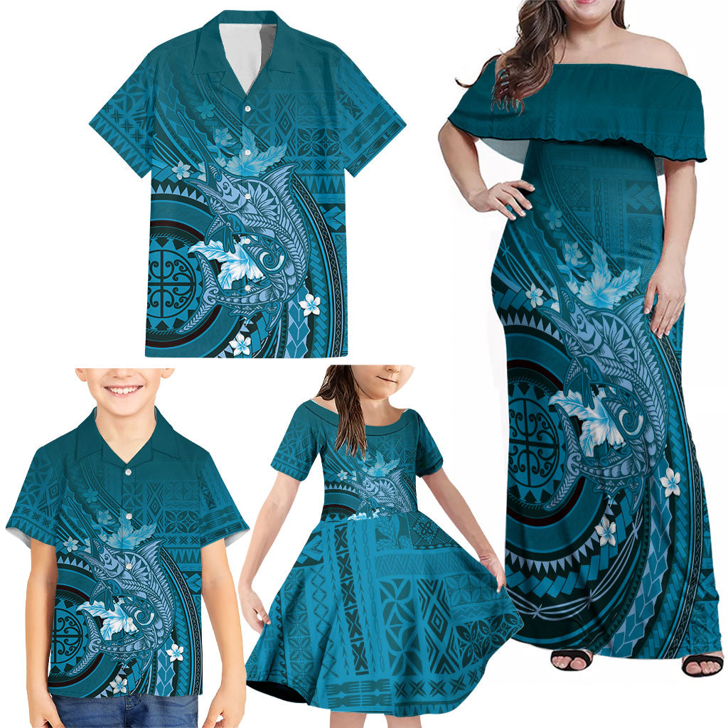 Samoa Tatau Marlin Family Matching Off Shoulder Maxi Dress and Hawaiian Shirt With Siapo Motifs Teal