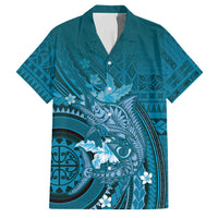 Samoa Tatau Marlin Family Matching Off Shoulder Maxi Dress and Hawaiian Shirt With Siapo Motifs Teal