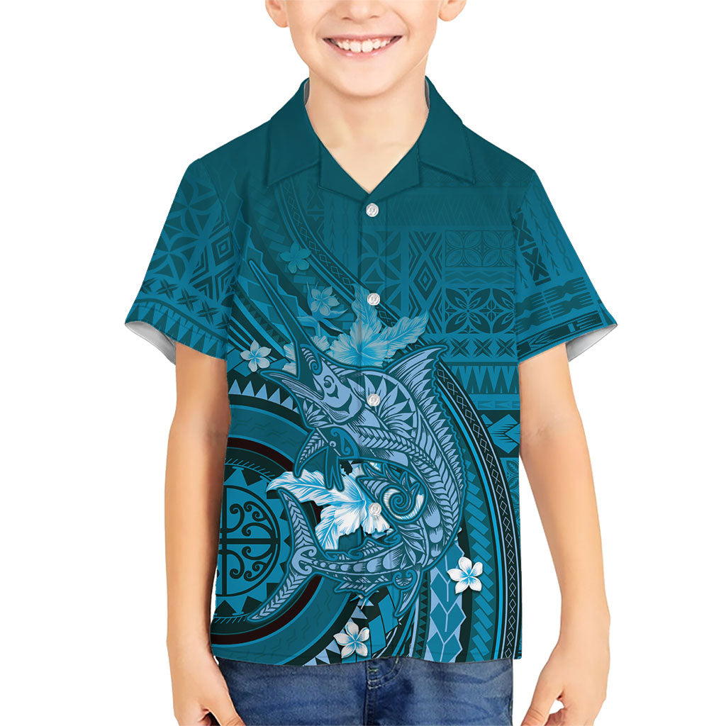 Samoa Tatau Marlin Family Matching Off Shoulder Maxi Dress and Hawaiian Shirt With Siapo Motifs Teal