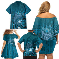 Samoa Tatau Marlin Family Matching Off Shoulder Short Dress and Hawaiian Shirt With Siapo Motifs Teal