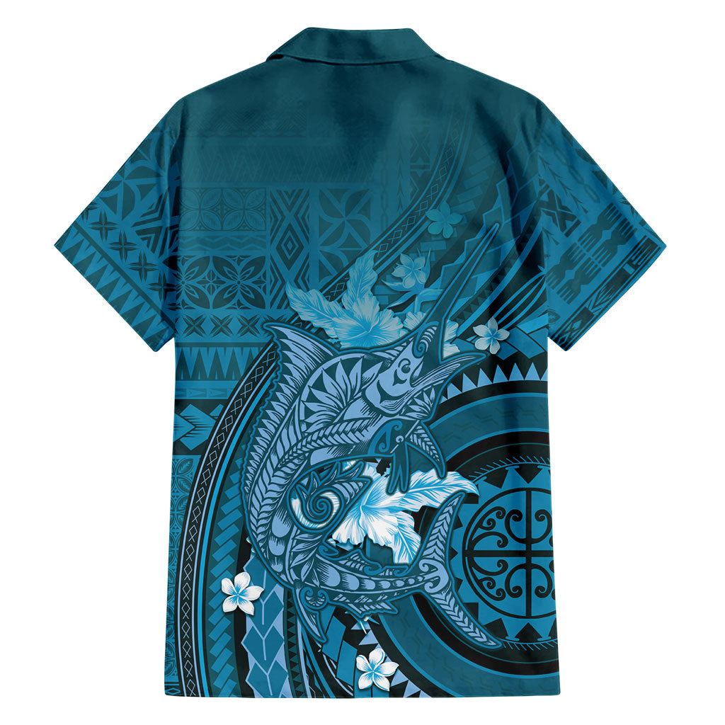 Samoa Tatau Marlin Family Matching Off Shoulder Short Dress and Hawaiian Shirt With Siapo Motifs Teal