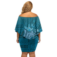 Samoa Tatau Marlin Family Matching Off Shoulder Short Dress and Hawaiian Shirt With Siapo Motifs Teal