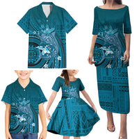 Samoa Tatau Marlin Family Matching Puletasi and Hawaiian Shirt With Siapo Motifs Teal