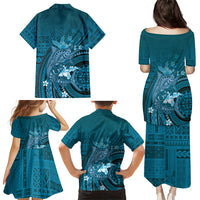 Samoa Tatau Marlin Family Matching Puletasi and Hawaiian Shirt With Siapo Motifs Teal