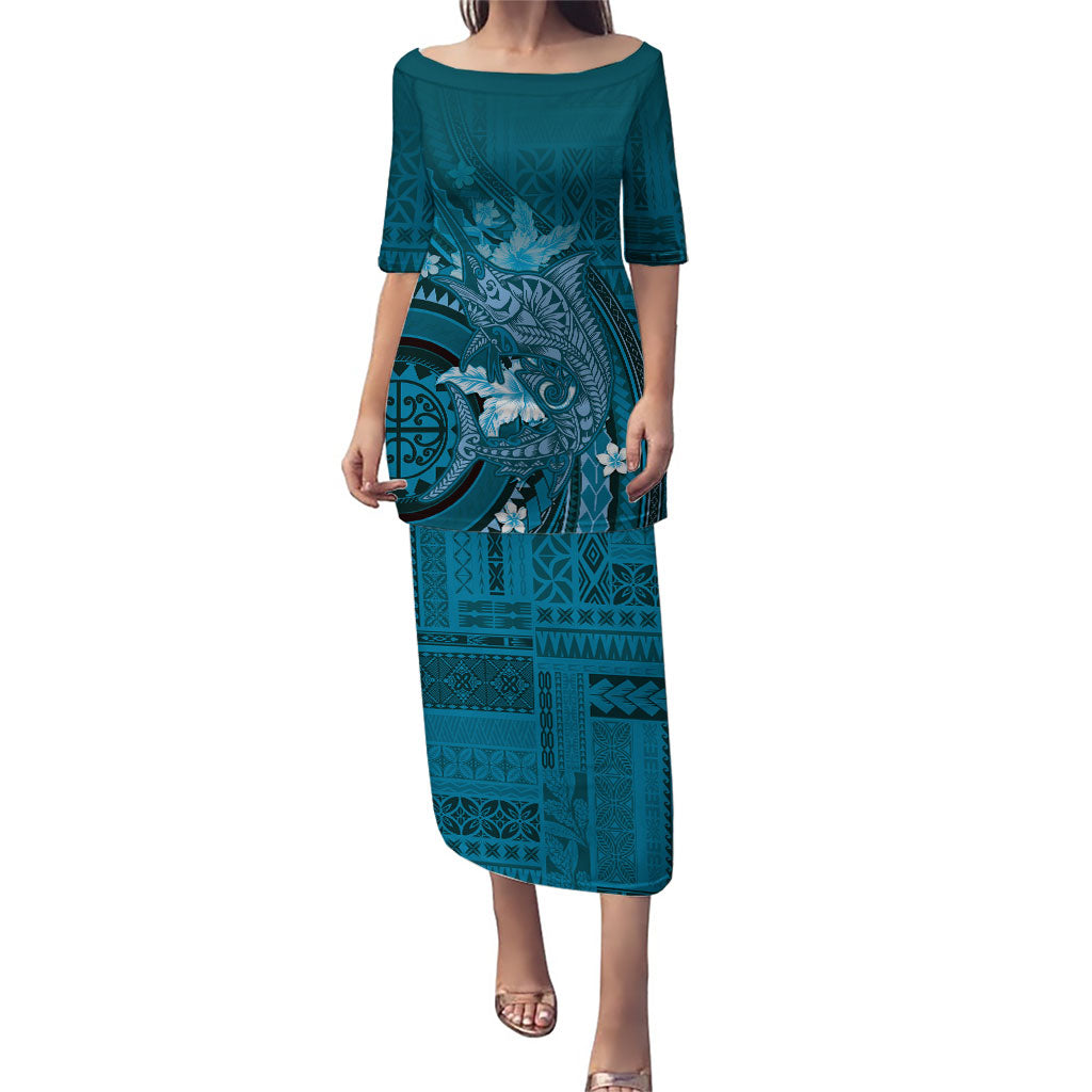 Samoa Tatau Marlin Family Matching Puletasi and Hawaiian Shirt With Siapo Motifs Teal