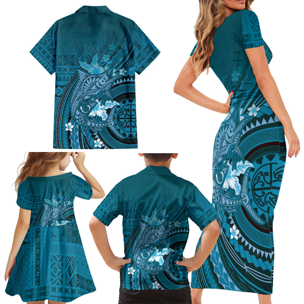 Samoa Tatau Marlin Family Matching Short Sleeve Bodycon Dress and Hawaiian Shirt With Siapo Motifs Teal