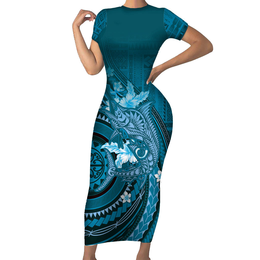 Samoa Tatau Marlin Family Matching Short Sleeve Bodycon Dress and Hawaiian Shirt With Siapo Motifs Teal