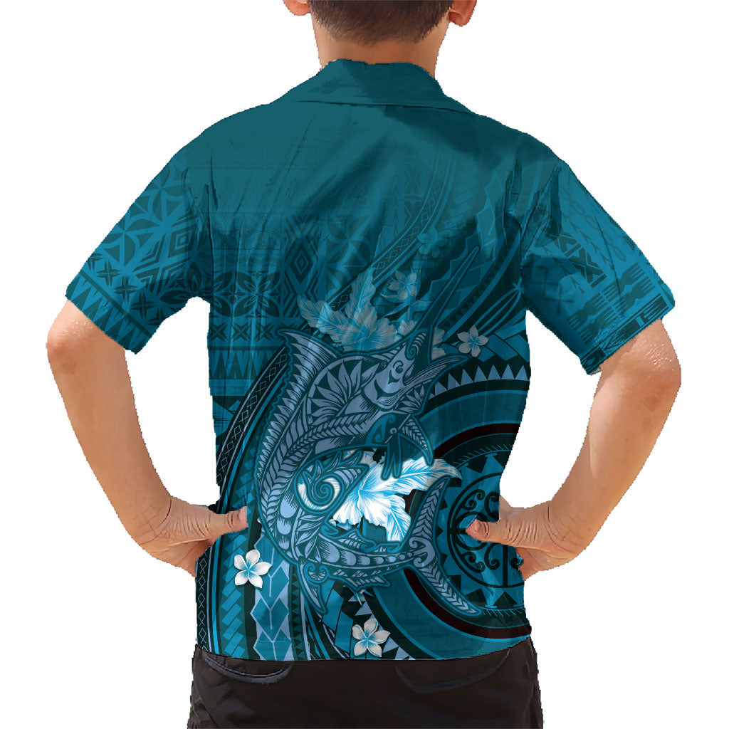 Samoa Tatau Marlin Family Matching Summer Maxi Dress and Hawaiian Shirt With Siapo Motifs Teal