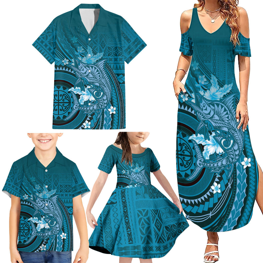 Samoa Tatau Marlin Family Matching Summer Maxi Dress and Hawaiian Shirt With Siapo Motifs Teal LT05 - Polynesian Pride