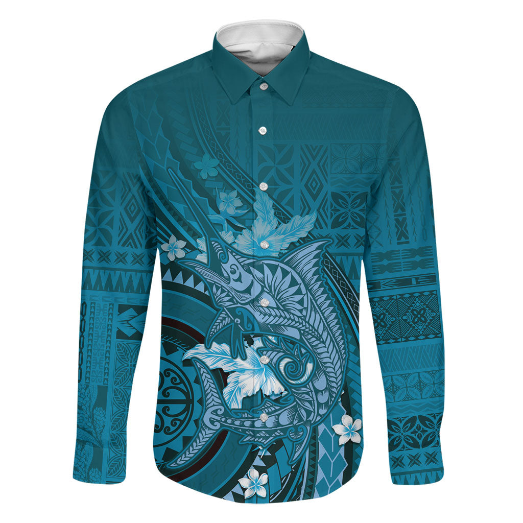 Samoa Tatau Marlin Family Matching Summer Maxi Dress and Hawaiian Shirt With Siapo Motifs Teal