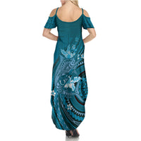 Samoa Tatau Marlin Family Matching Summer Maxi Dress and Hawaiian Shirt With Siapo Motifs Teal