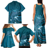 Samoa Tatau Marlin Family Matching Tank Maxi Dress and Hawaiian Shirt With Siapo Motifs Teal