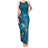 Samoa Tatau Marlin Family Matching Tank Maxi Dress and Hawaiian Shirt With Siapo Motifs Teal