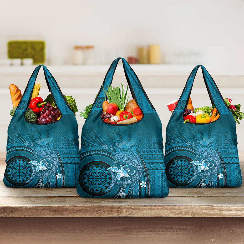Samoa Tatau Marlin Grocery Bag With Siapo Motifs Teal LT05 3-pack One Size Teal - Polynesian Pride