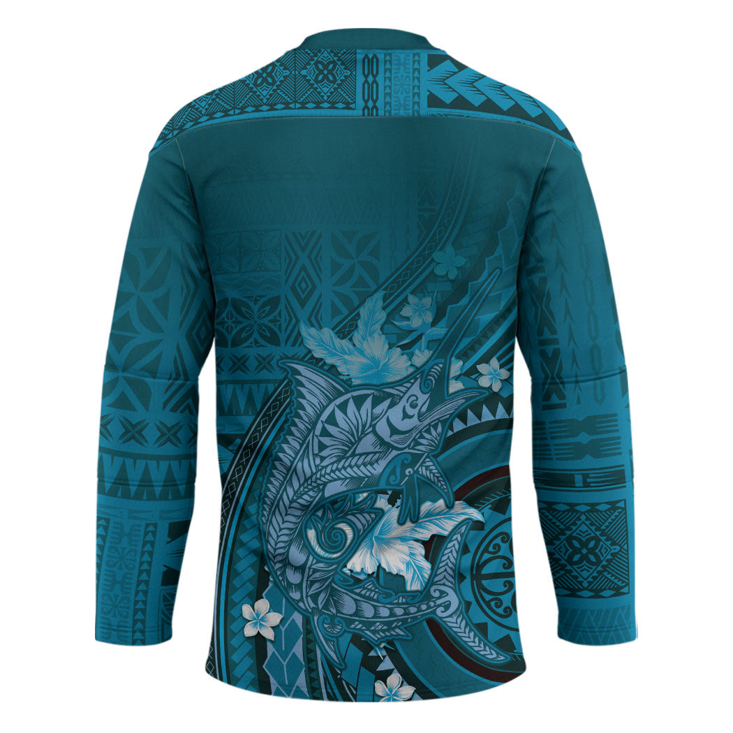 Samoa Tatau Marlin Hockey Jersey With Siapo Motifs Teal LT05 - Polynesian Pride