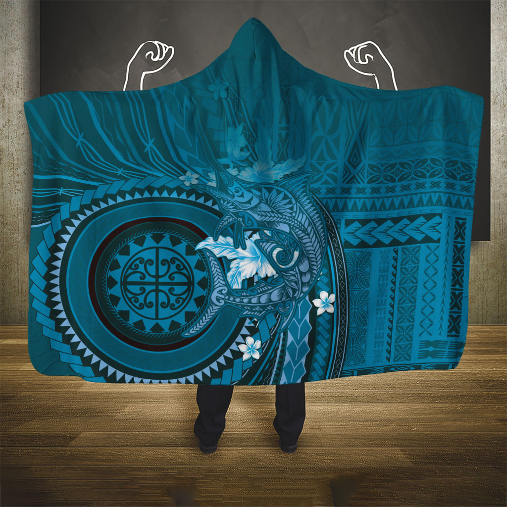 Samoa Tatau Marlin Hooded Blanket With Siapo Motifs Teal LT05 - Polynesian Pride