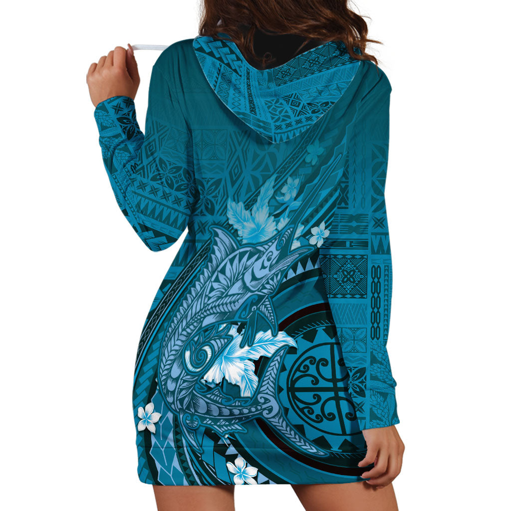 Samoa Tatau Marlin Hoodie Dress With Siapo Motifs Teal LT05 - Polynesian Pride