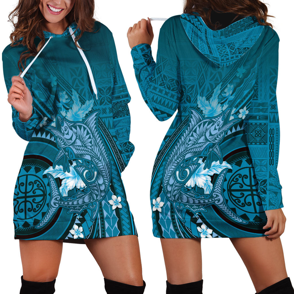 Samoa Tatau Marlin Hoodie Dress With Siapo Motifs Teal LT05 - Polynesian Pride