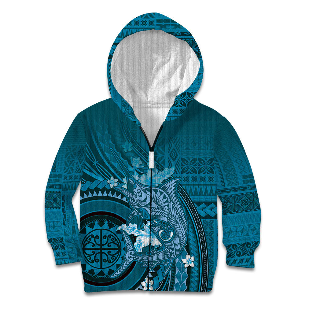Samoa Tatau Marlin Kid Hoodie With Siapo Motifs Teal LT05 Zip Hoodie Teal - Polynesian Pride
