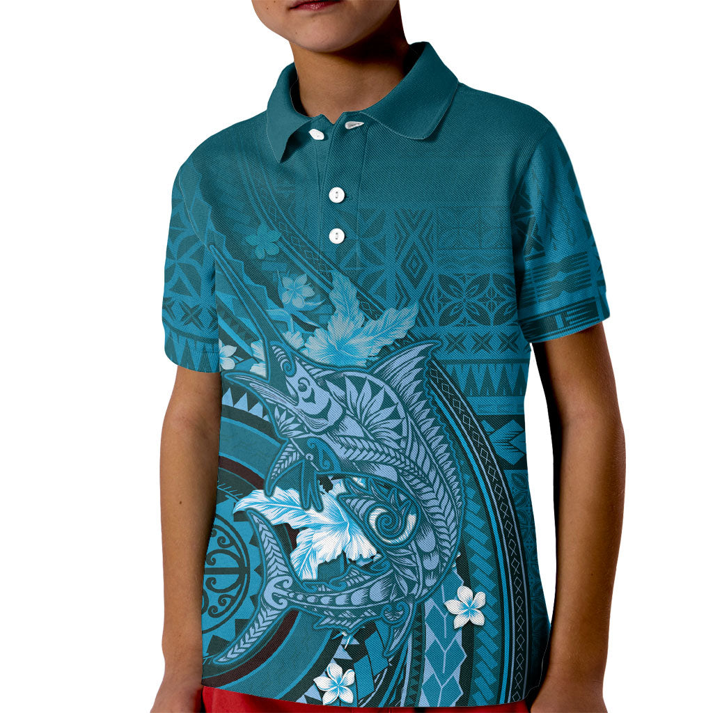 Samoa Tatau Marlin Kid Polo Shirt With Siapo Motifs Teal LT05 Kid Teal - Polynesian Pride