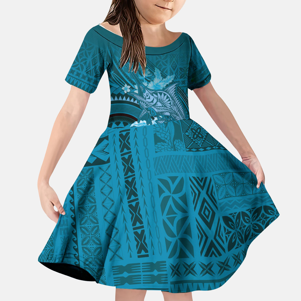 Samoa Tatau Marlin Kid Short Sleeve Dress With Siapo Motifs Teal LT05 KID Teal - Polynesian Pride