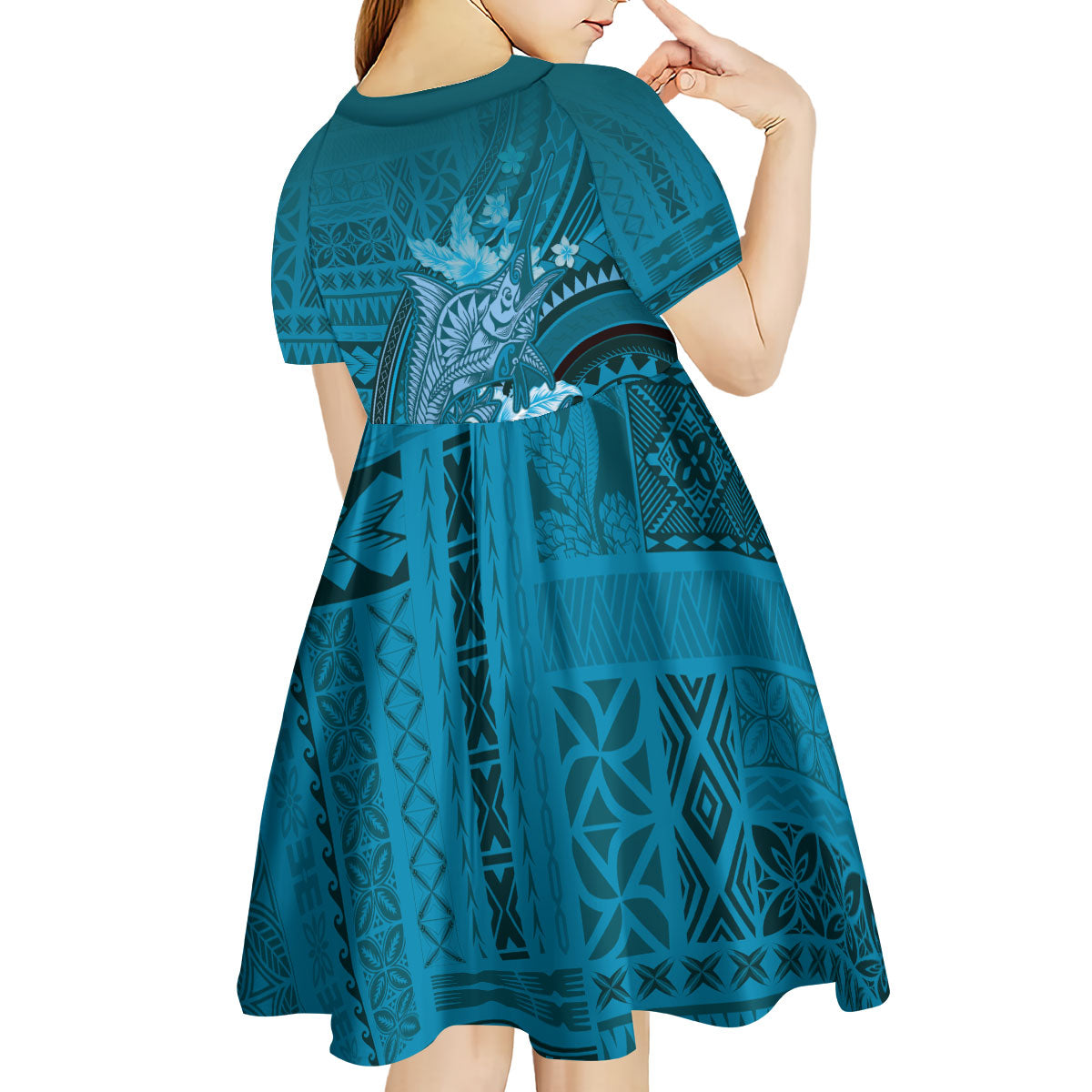 Samoa Tatau Marlin Kid Short Sleeve Dress With Siapo Motifs Teal LT05 - Polynesian Pride