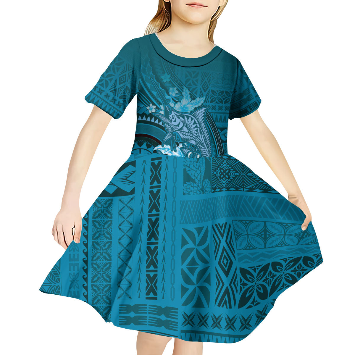 Samoa Tatau Marlin Kid Short Sleeve Dress With Siapo Motifs Teal LT05 - Polynesian Pride