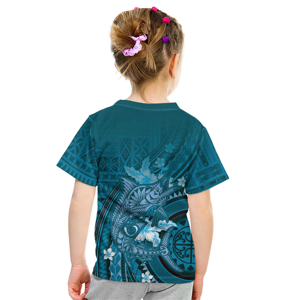 Samoa Tatau Marlin Kid T Shirt With Siapo Motifs Teal LT05 - Polynesian Pride