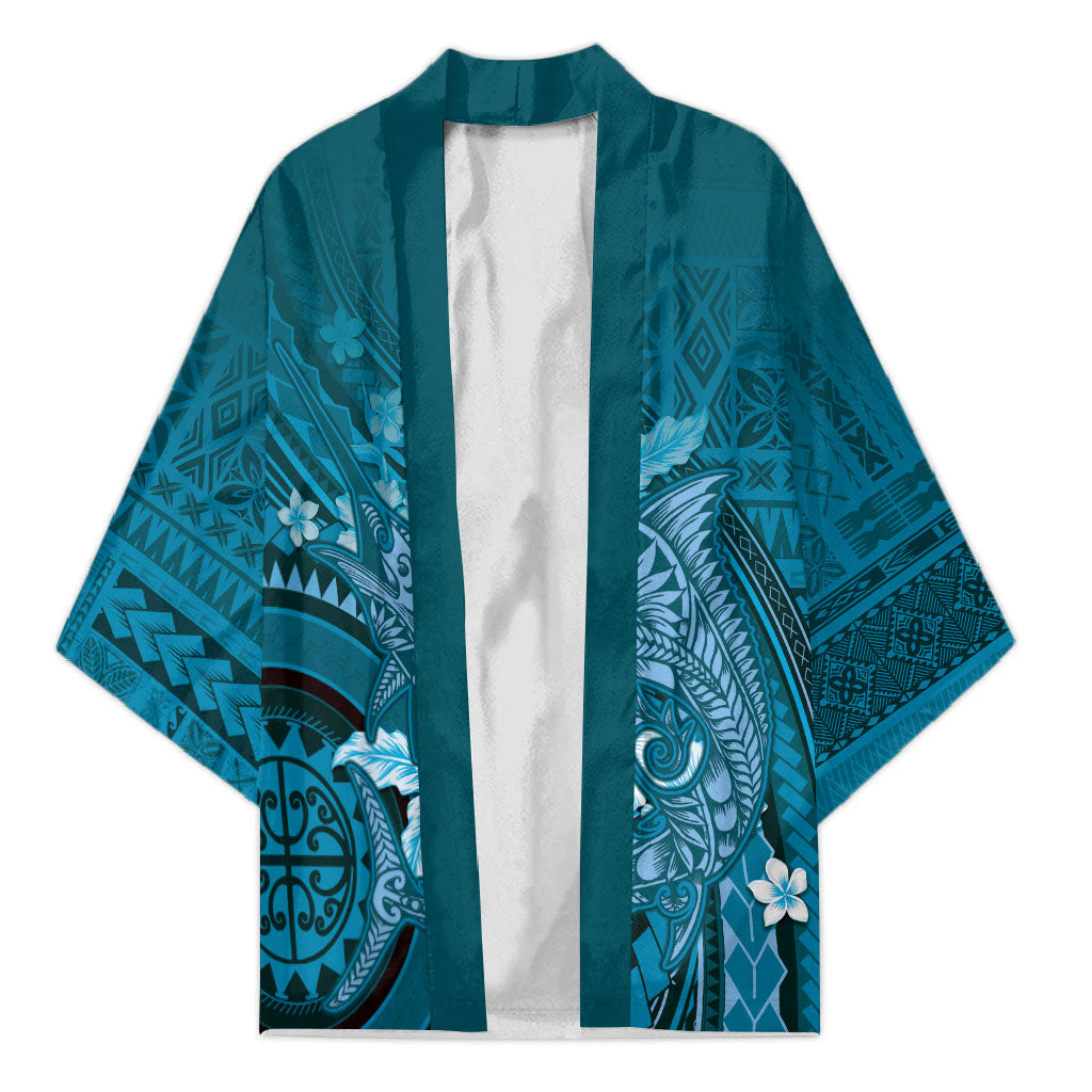 Samoa Tatau Marlin Kimono With Siapo Motifs Teal LT05 Unisex Teal - Polynesian Pride