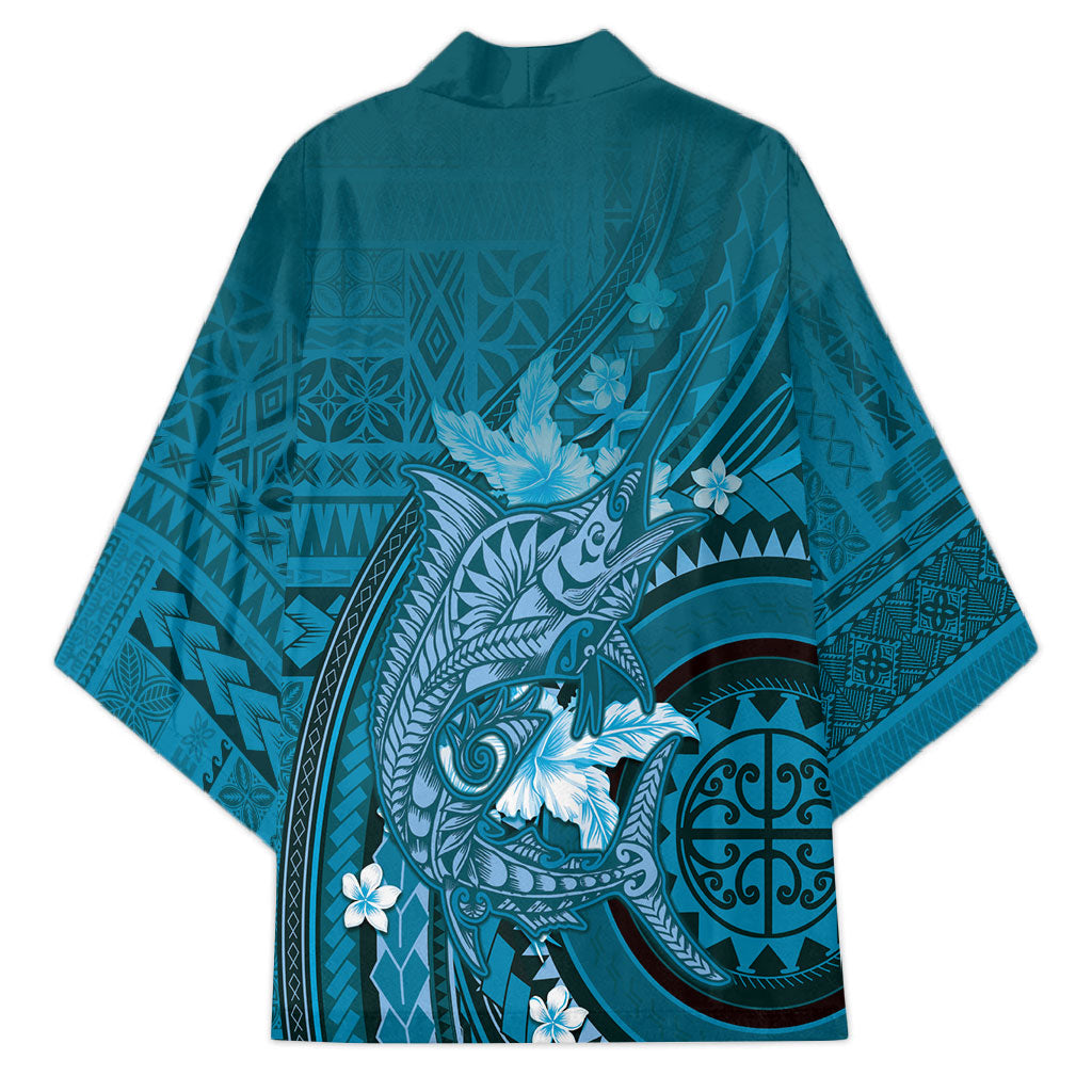 Samoa Tatau Marlin Kimono With Siapo Motifs Teal LT05 - Polynesian Pride