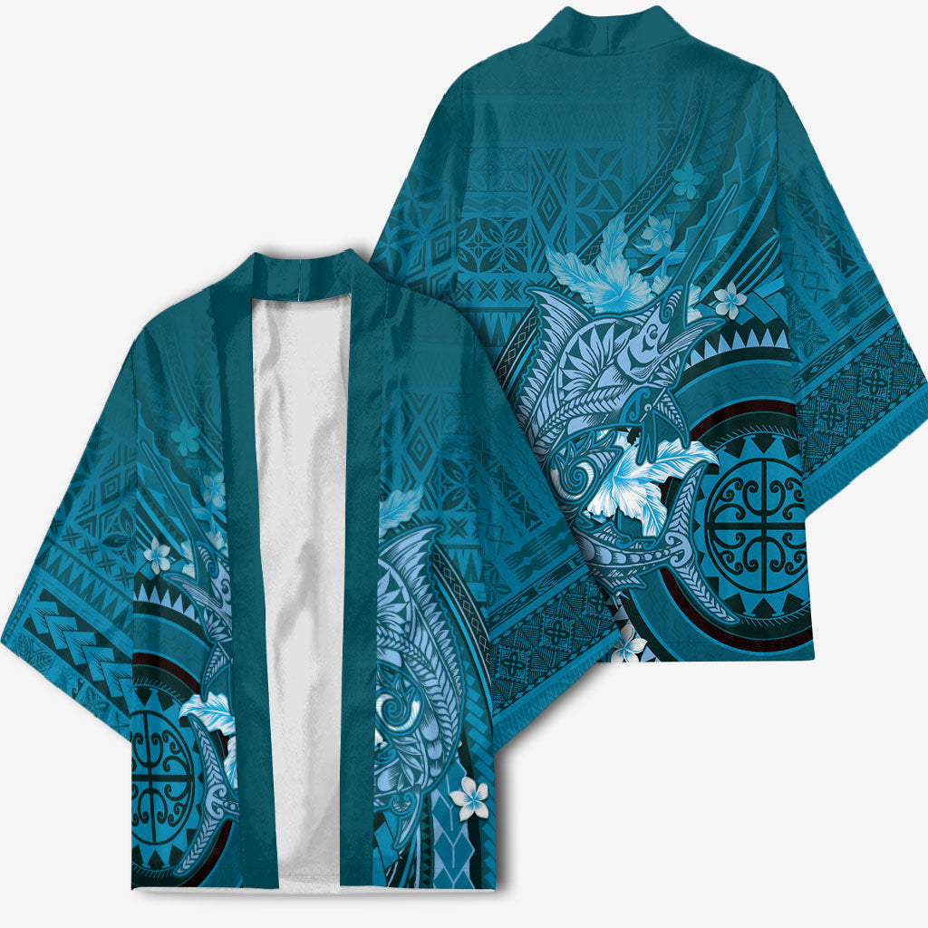 Samoa Tatau Marlin Kimono With Siapo Motifs Teal LT05 - Polynesian Pride