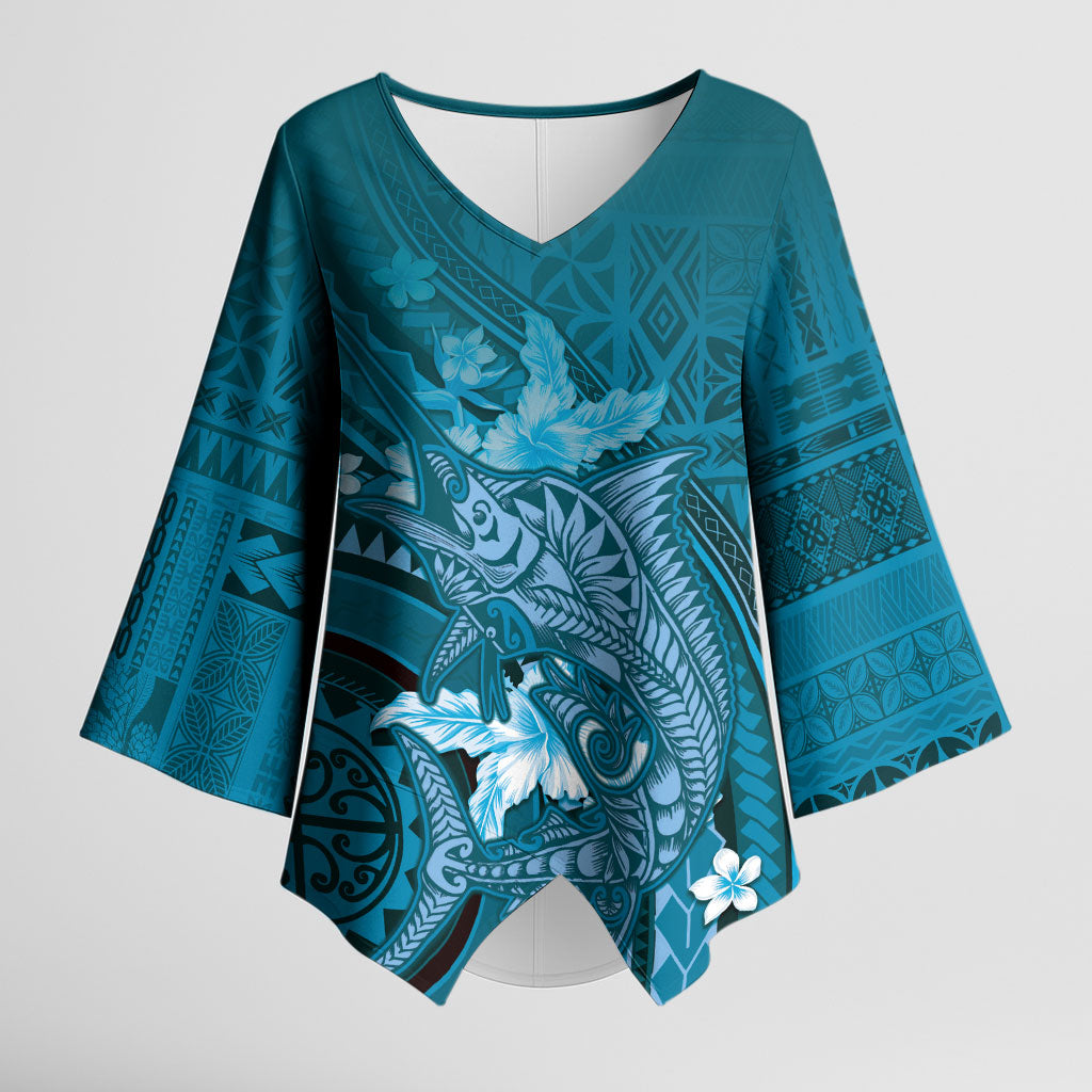 Samoa Tatau Marlin Kimono Sleeve Blouse With Siapo Motifs Teal LT05 Female Teal - Polynesian Pride