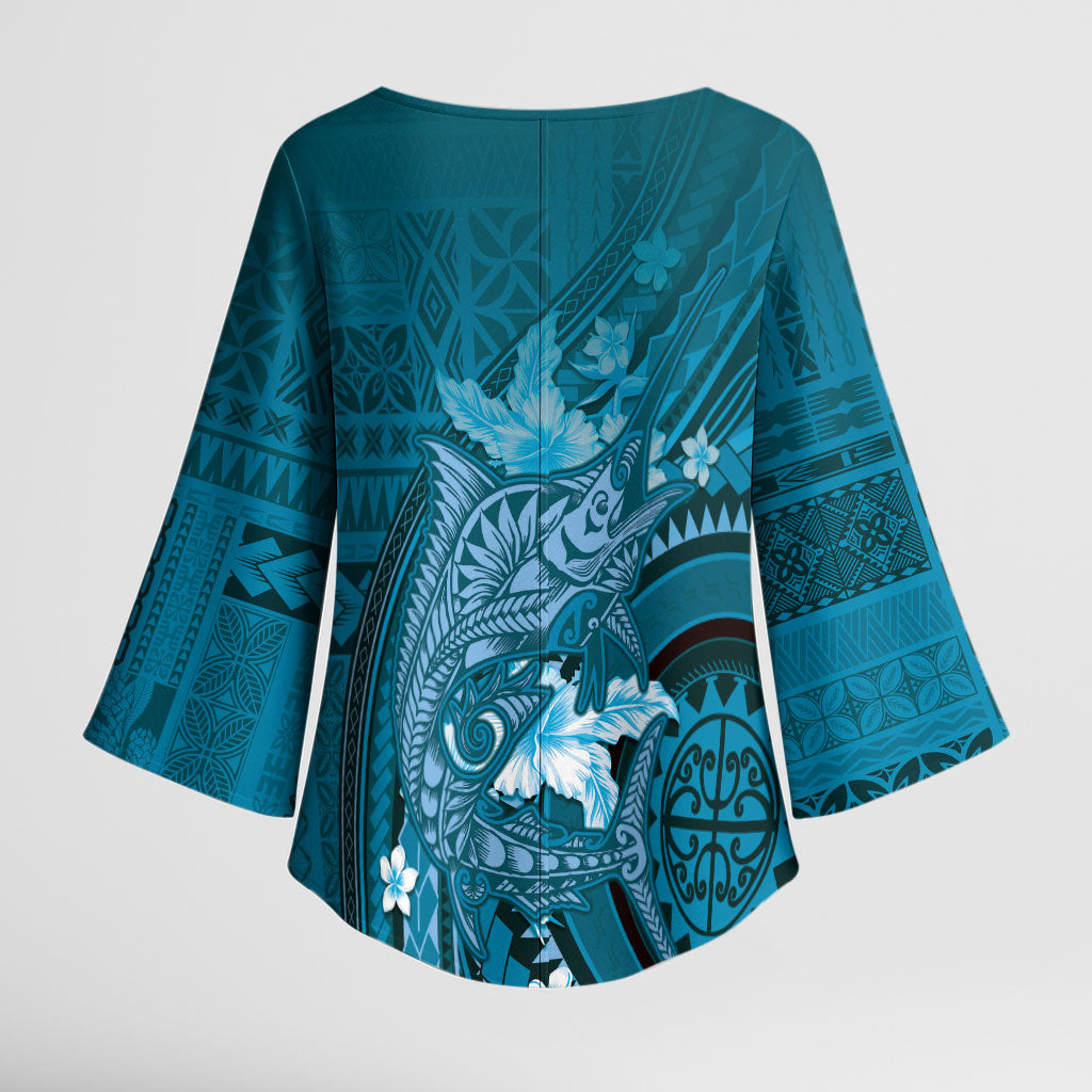 Samoa Tatau Marlin Kimono Sleeve Blouse With Siapo Motifs Teal LT05 - Polynesian Pride