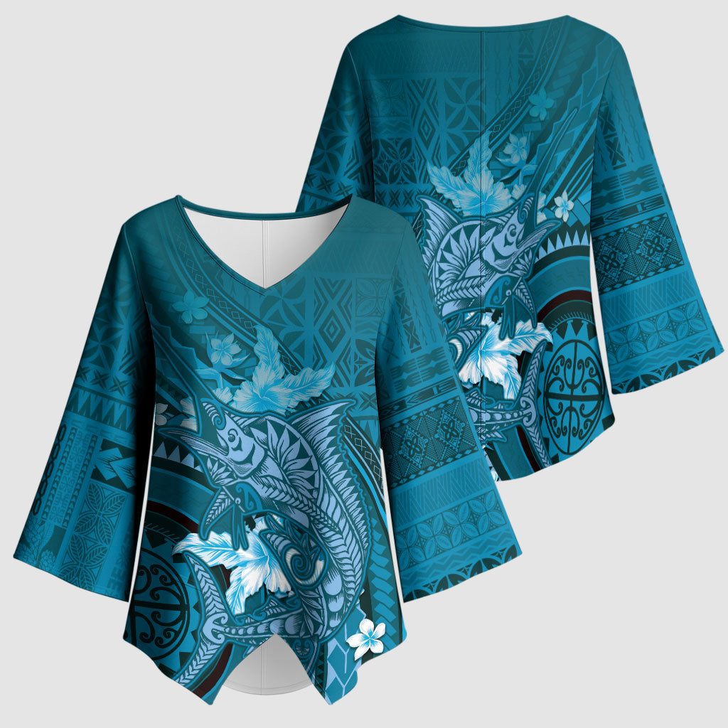 Samoa Tatau Marlin Kimono Sleeve Blouse With Siapo Motifs Teal LT05 - Polynesian Pride