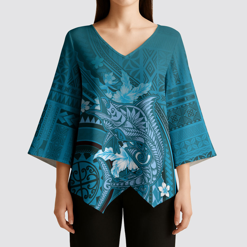 Samoa Tatau Marlin Kimono Sleeve Blouse With Siapo Motifs Teal LT05 - Polynesian Pride
