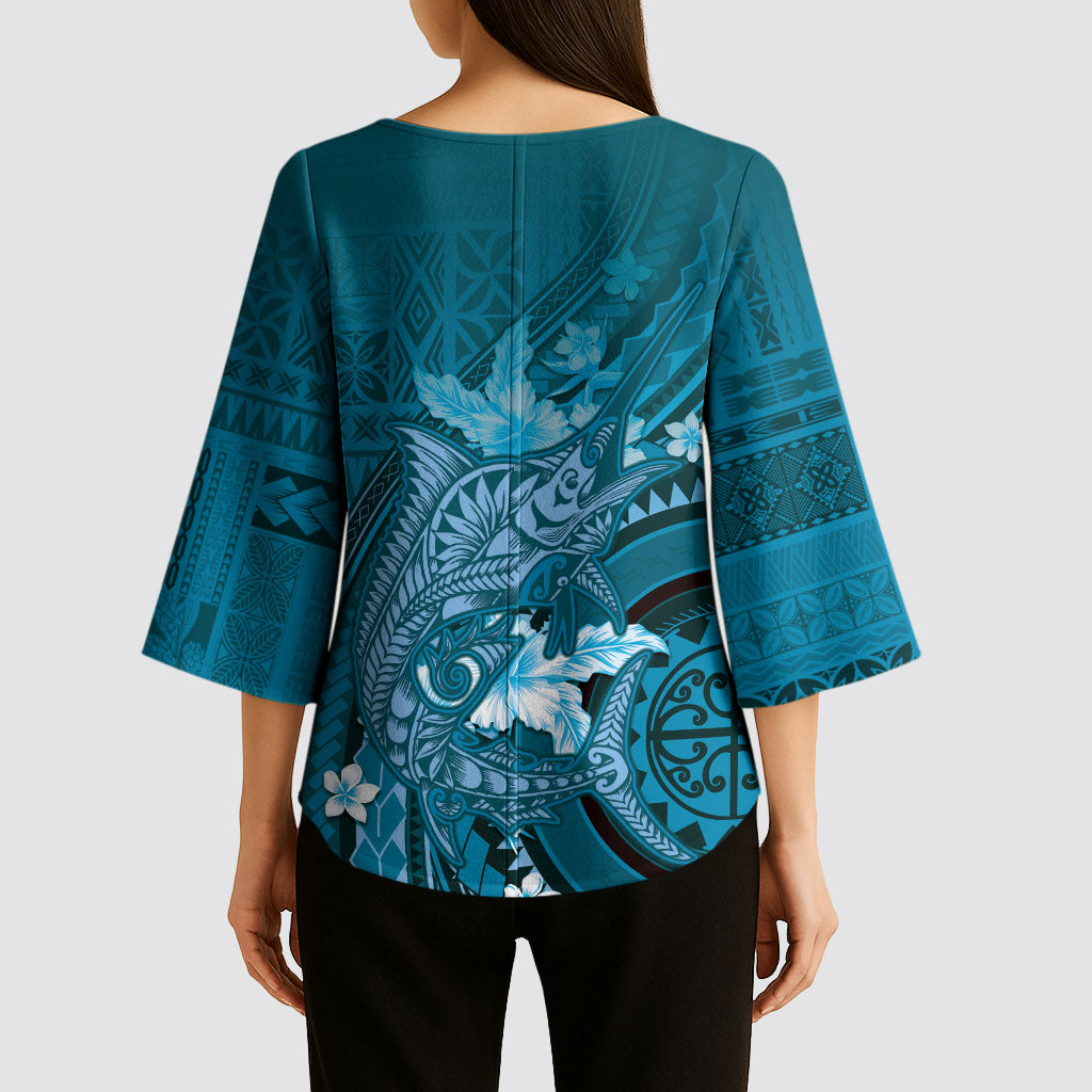Samoa Tatau Marlin Kimono Sleeve Blouse With Siapo Motifs Teal LT05 - Polynesian Pride