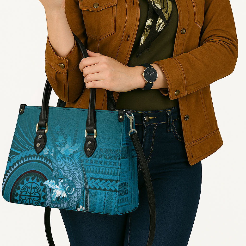 Samoa Tatau Marlin Leather Bag With Siapo Motifs Teal LT05 - Polynesian Pride