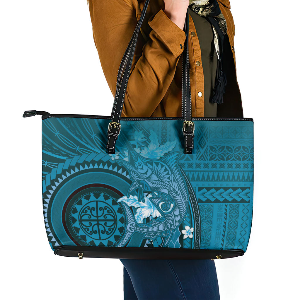 Samoa Tatau Marlin Leather Tote Bag With Siapo Motifs Teal LT05 - Polynesian Pride