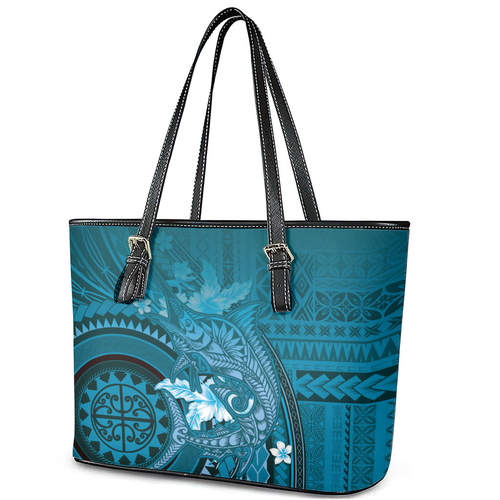 Samoa Tatau Marlin Leather Tote Bag With Siapo Motifs Teal LT05 - Polynesian Pride