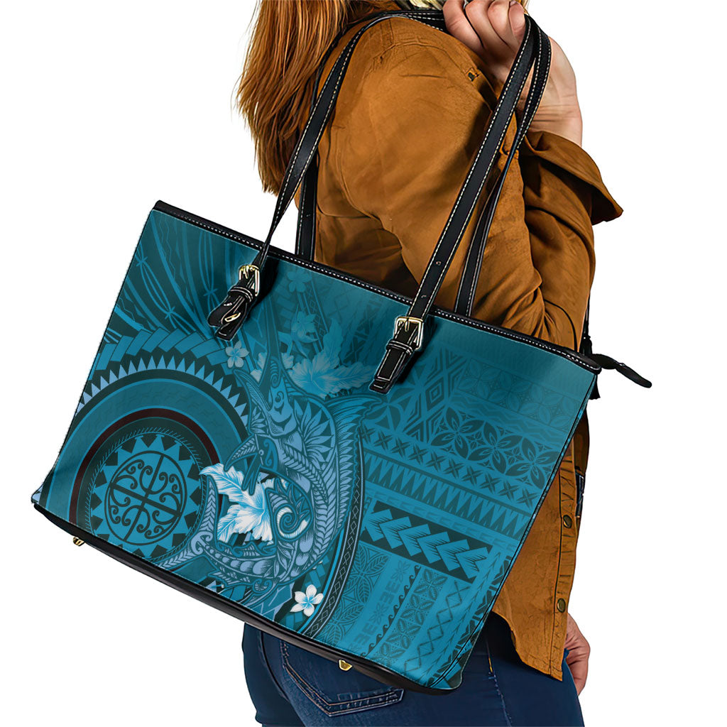 Samoa Tatau Marlin Leather Tote Bag With Siapo Motifs Teal LT05 - Polynesian Pride