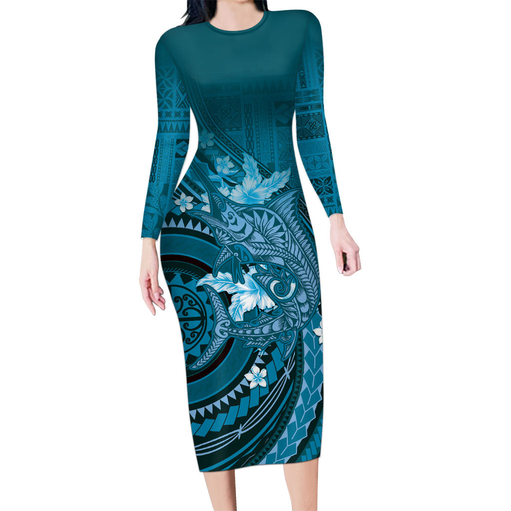 Samoa Tatau Marlin Long Sleeve Bodycon Dress With Siapo Motifs Teal LT05 Long Dress Teal - Polynesian Pride