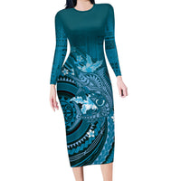 Samoa Tatau Marlin Long Sleeve Bodycon Dress With Siapo Motifs Teal LT05 Long Dress Teal - Polynesian Pride