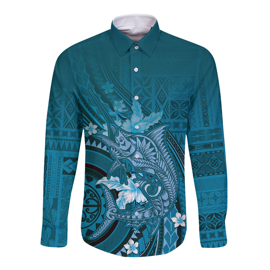 Samoa Tatau Marlin Long Sleeve Button Shirt With Siapo Motifs Teal LT05 Unisex Teal - Polynesian Pride