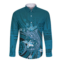 Samoa Tatau Marlin Long Sleeve Button Shirt With Siapo Motifs Teal LT05 Unisex Teal - Polynesian Pride
