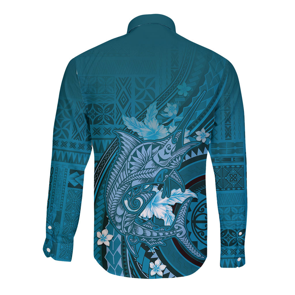 Samoa Tatau Marlin Long Sleeve Button Shirt With Siapo Motifs Teal LT05 - Polynesian Pride