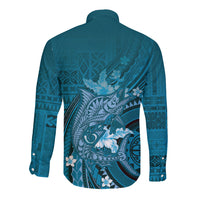 Samoa Tatau Marlin Long Sleeve Button Shirt With Siapo Motifs Teal LT05 - Polynesian Pride