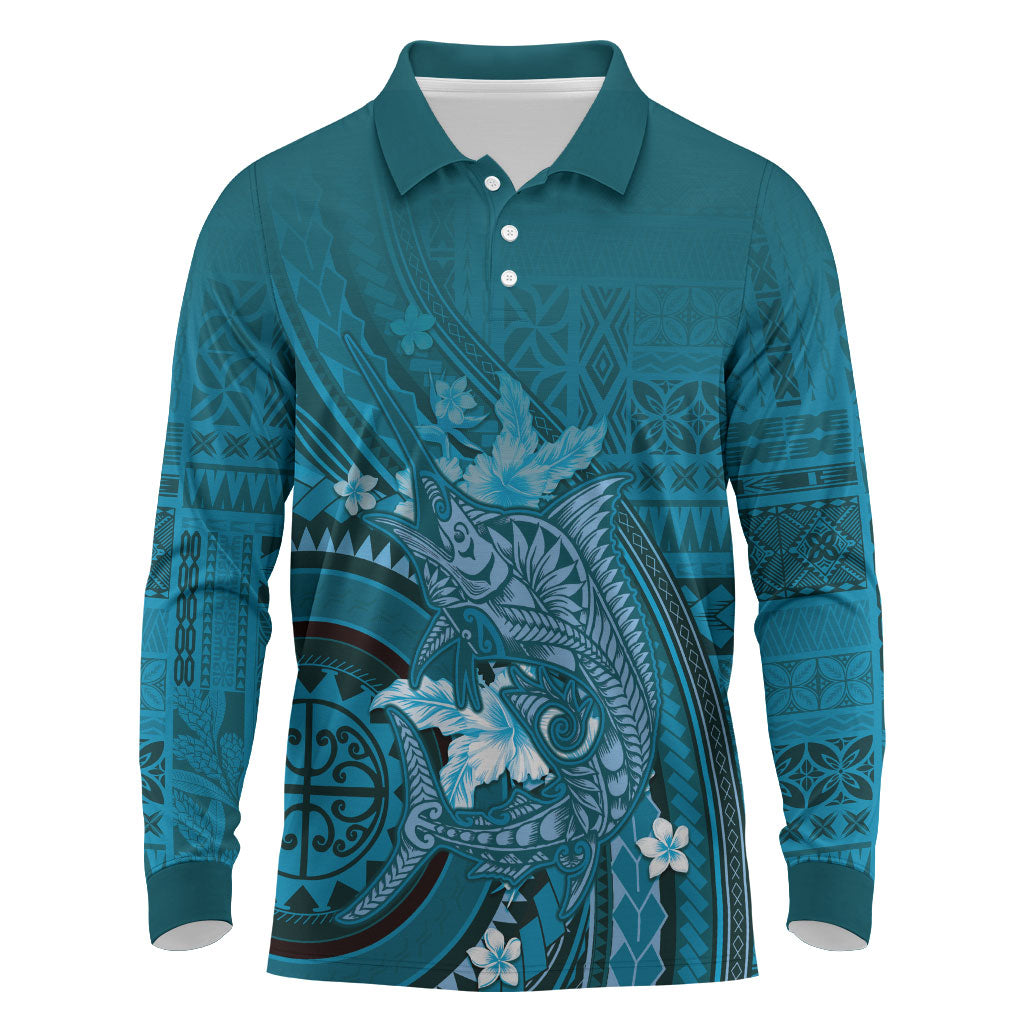 Samoa Tatau Marlin Long Sleeve Polo Shirt With Siapo Motifs Teal LT05 Teal - Polynesian Pride