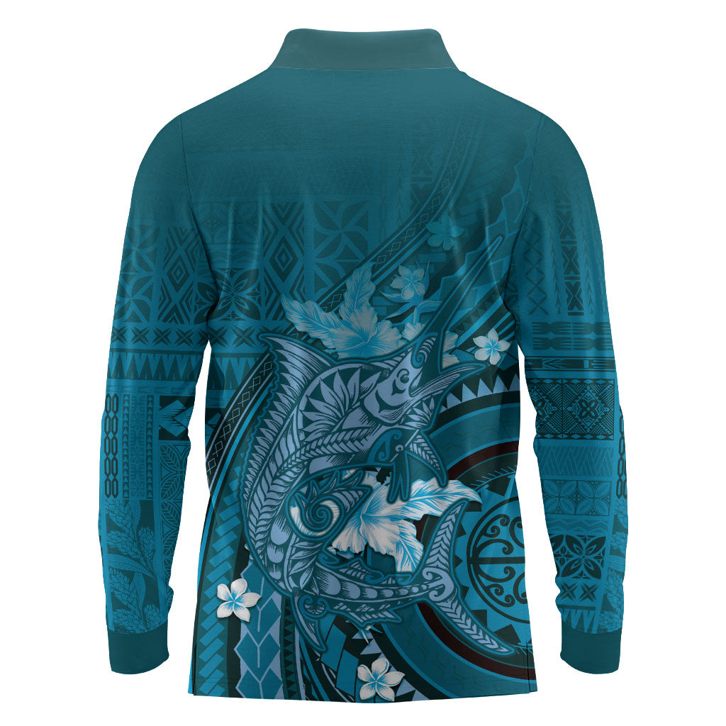 Samoa Tatau Marlin Long Sleeve Polo Shirt With Siapo Motifs Teal LT05 - Polynesian Pride